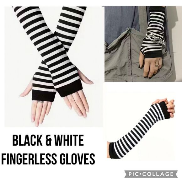 Black & White Striped Fingerless Gloves Punk Goth Emo Scene Arm Warmers - Picture 1 of 6